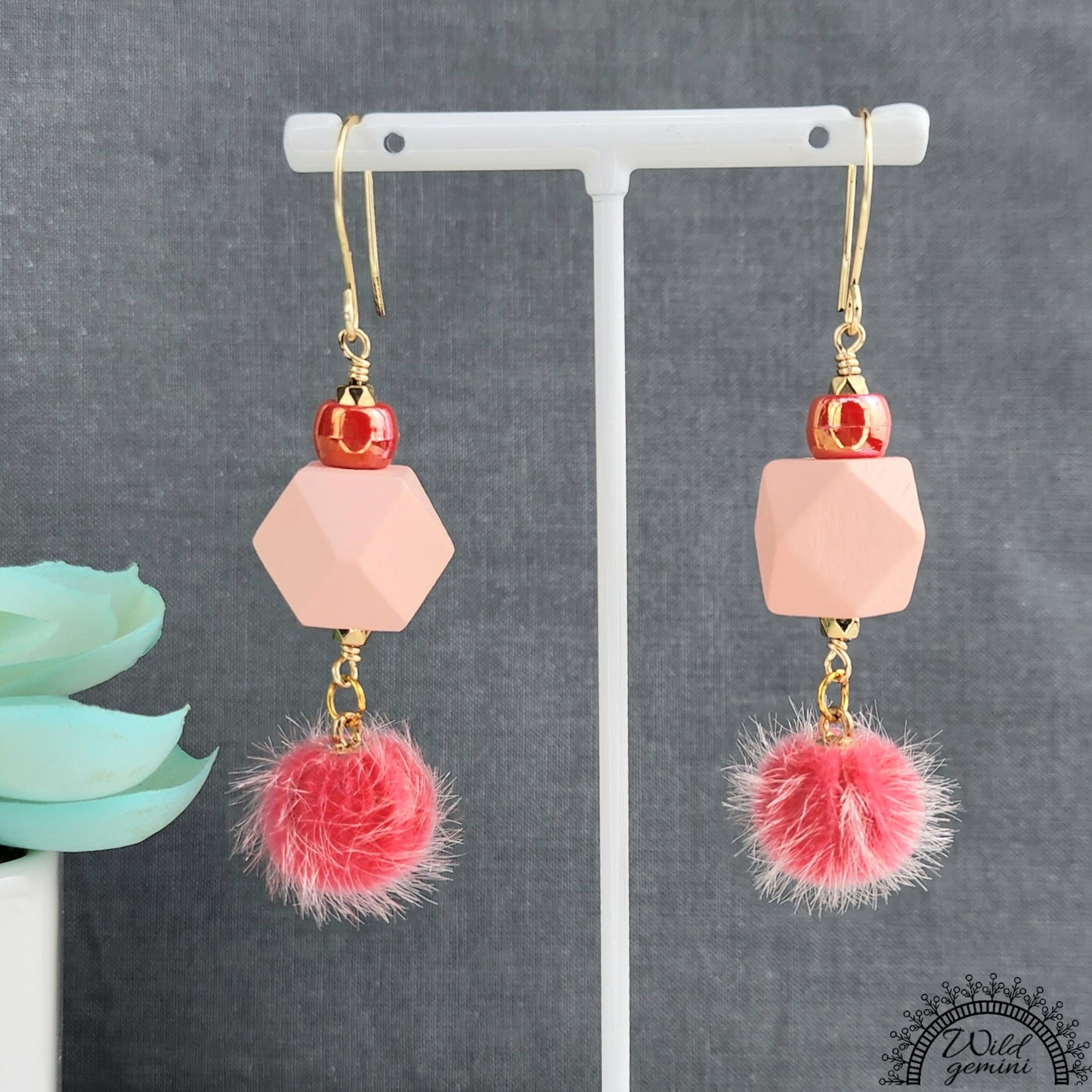 Boho Coral Earrings – Handmade Dangles with Fuzzy Beads, Iridescent Rondelles & Pink Wooden Hexagons, 3” Long with Gold Hooks