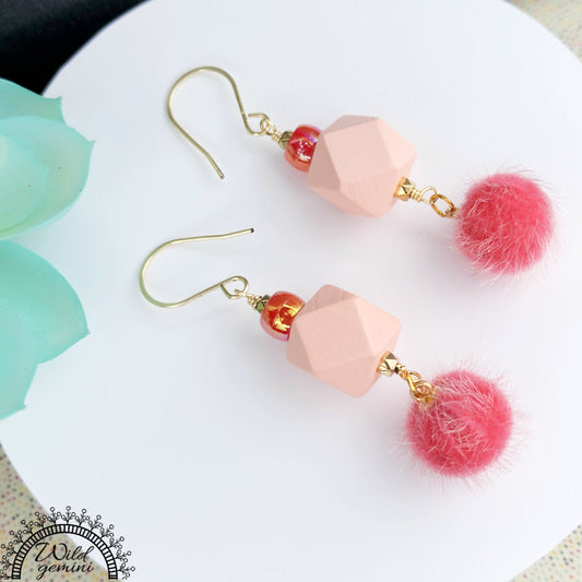 Boho Coral Earrings – Handmade Dangles with Fuzzy Beads, Iridescent Rondelles & Pink Wooden Hexagons, 3” Long with Gold Hooks