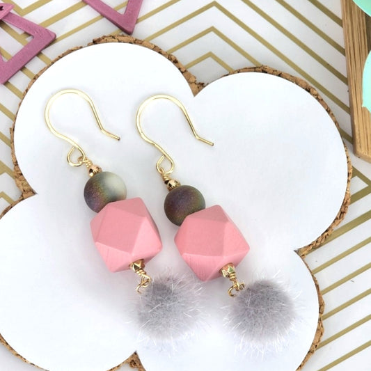 Boho Fuzzy Ball Earrings – Handmade Dangles with Grey Fuzzy Beads, Iridescent Rounds & Pink Wooden Hexagons, 2.6” Long with Gold Hooks