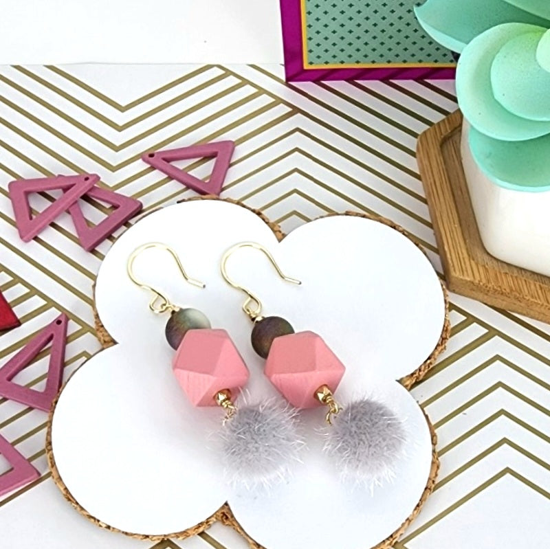 Boho Fuzzy Ball Earrings – Handmade Dangles with Grey Fuzzy Beads, Iridescent Rounds & Pink Wooden Hexagons, 2.6” Long with Gold Hooks