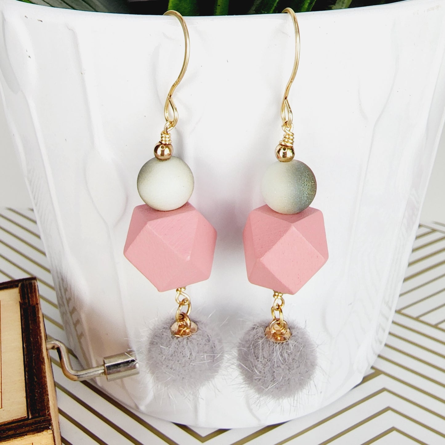 Boho Fuzzy Ball Earrings – Handmade Dangles with Grey Fuzzy Beads, Iridescent Rounds & Pink Wooden Hexagons, 2.6” Long with Gold Hooks