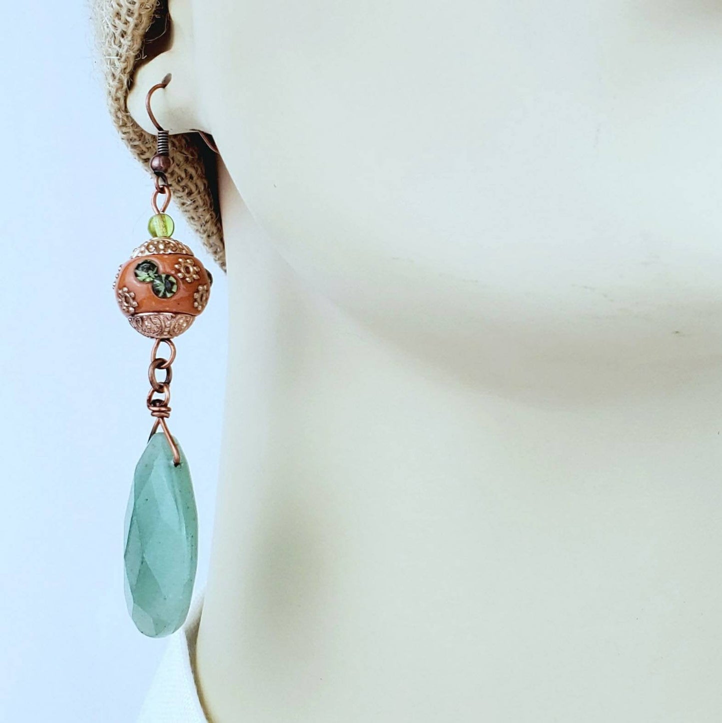 Boho Aventurine Teardrop Earrings – Handmade Copper Dangles with Faceted Stones & 10mm Beads, 3” Long