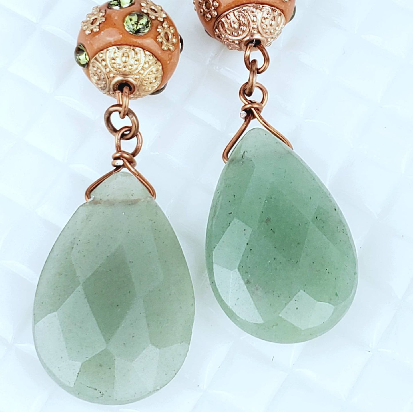 Boho Aventurine Teardrop Earrings – Handmade Copper Dangles with Faceted Stones & 10mm Beads, 3” Long