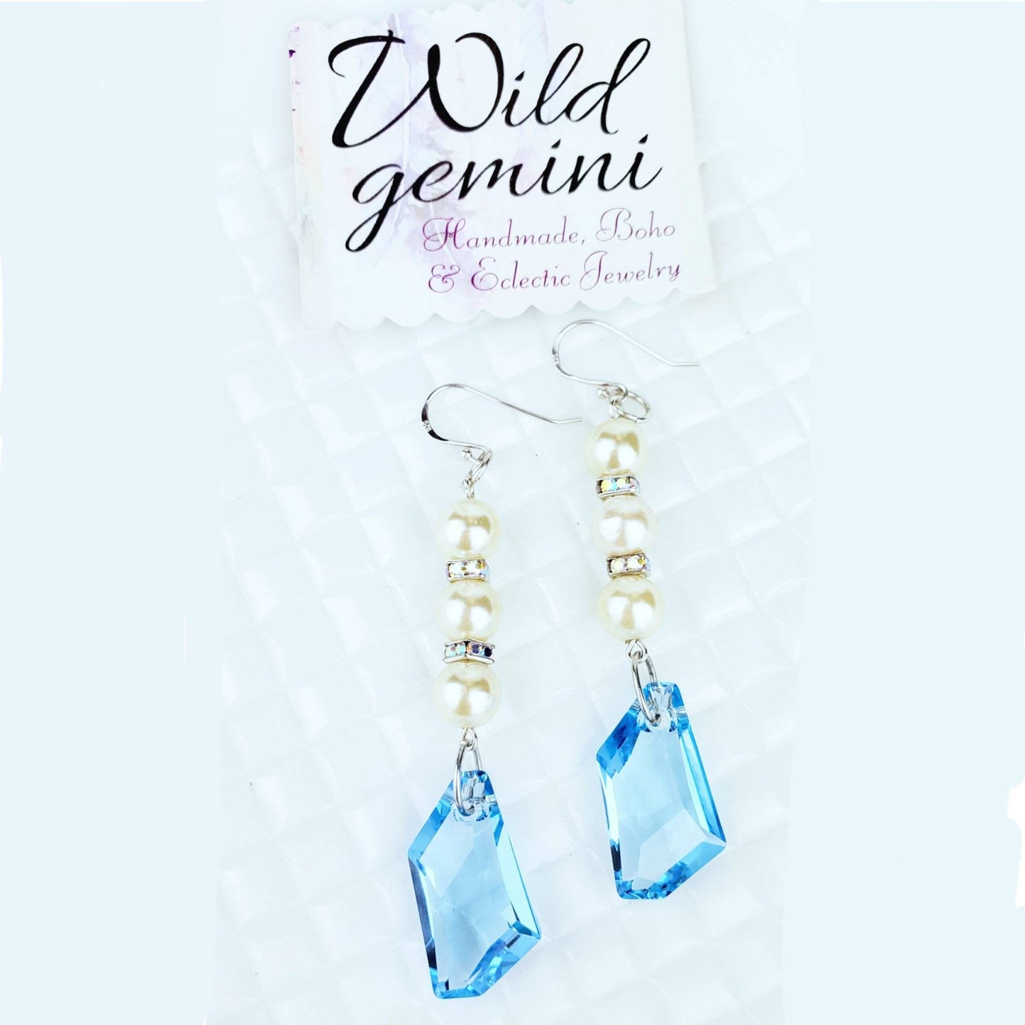 Sterling Silver Pearl & Crystal Earrings – Handmade Dangles with Blue Nuggets & Rhinestone Rondelles, 3” Long