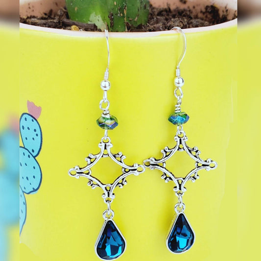 Silver Cross Earrings – Handmade Dangles with Blue Teardrop Glass Beads & Silver Wire, 2” Long