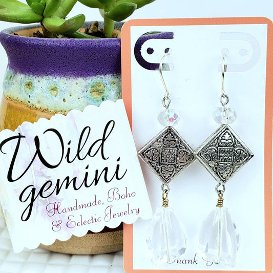 Boho Clear Glass Earrings – Handmade Silver Dangles with Glass Nuggets & Diamond Beads, 2.75” Long