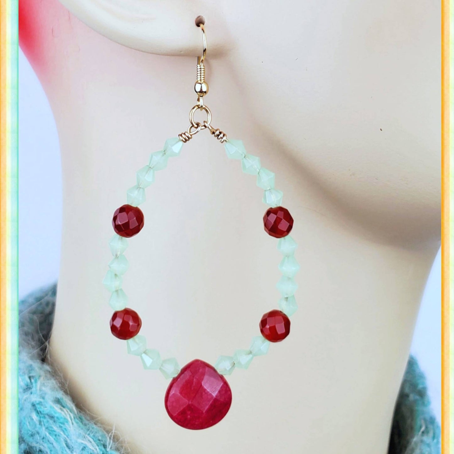 Boho Ruby & Aventurine Hoop Earrings – Handmade Gold Dangles with Teardrop Stones & Semi-Precious Gems, 3” Long