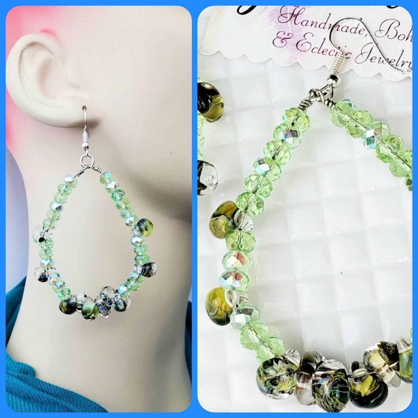 Boho Green Glass Hoop Earrings – Handmade Dangles with Lampwork Beads & Silver Hooks, 3” Long x 2” Wide