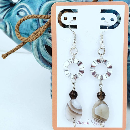 Boho Jasper Teardrop Earrings – Handmade Silver Dangles with Glass Beads, Wire Wrap & Signature Curl Hooks, 2.75” Long