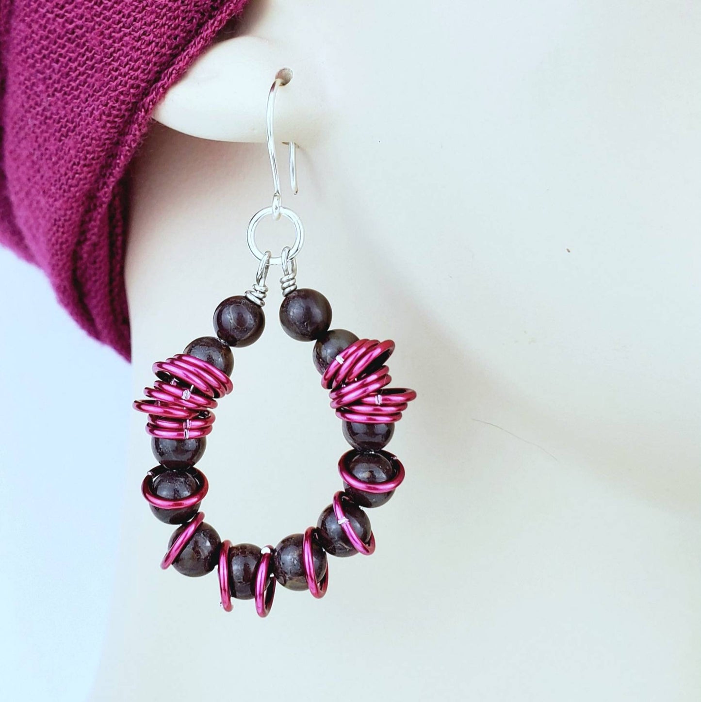 Boho Crazy Horse Jasper Earrings – Handmade Dangles with Pink Jump Rings, Silver Wire & Natural Stones, 2.25” Long