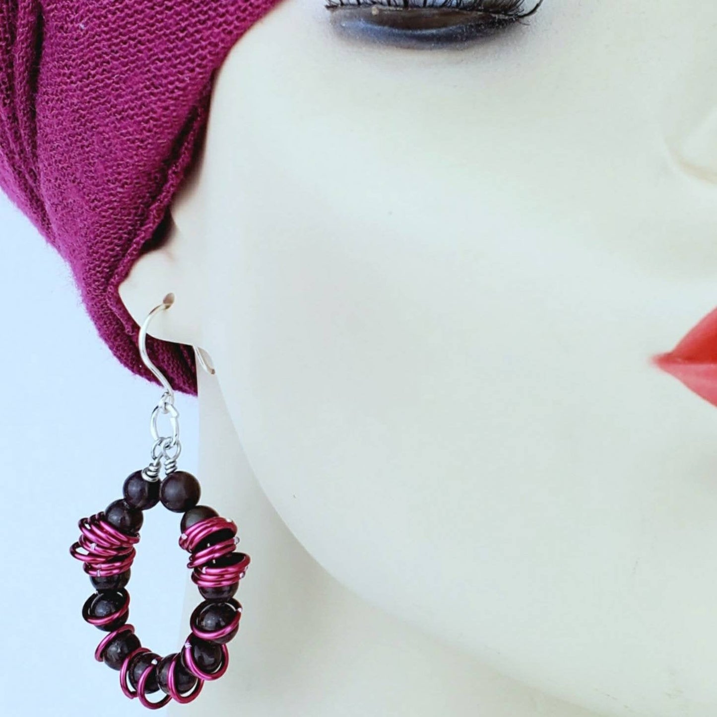 Boho Crazy Horse Jasper Earrings – Handmade Dangles with Pink Jump Rings, Silver Wire & Natural Stones, 2.25” Long