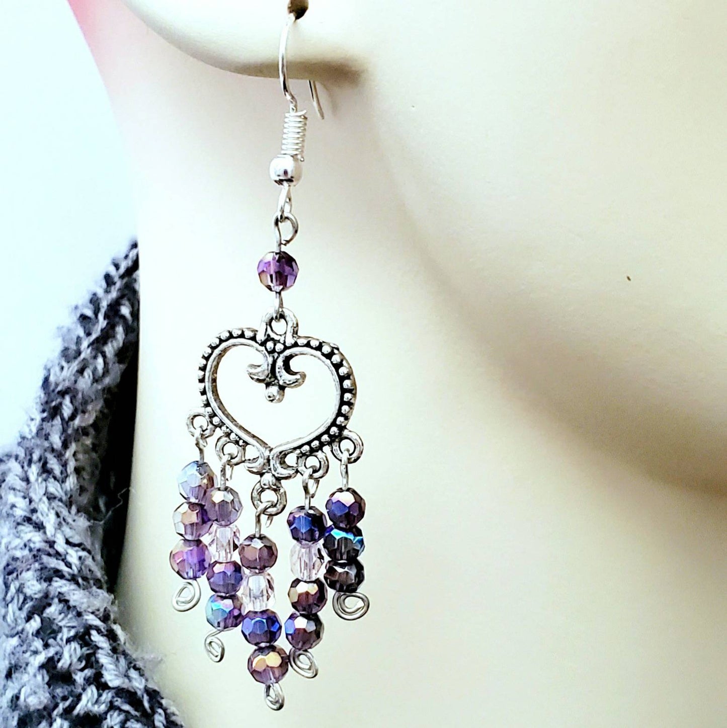 Boho Heart Earrings – Handmade Silver Dangles with Purple Glass Beads & Wire Wrapped Heart Charms, 2.5” Long