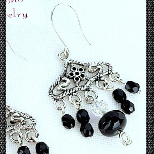 Boho Onyx Chandelier Earrings – Handmade Silver Dangles with Black Glass Beads & Semi-Precious Stones, 2.25” Long