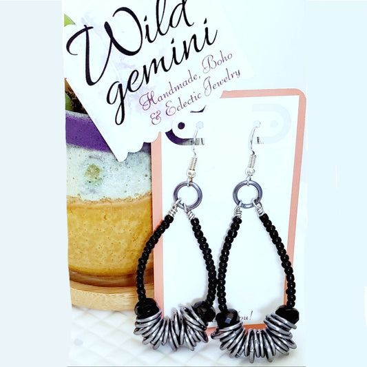 Boho Onyx Dangle Earrings – Handmade Black Seed Bead Jewelry with Gunmetal & Silver Wire, 3” Long Statement Earrings
