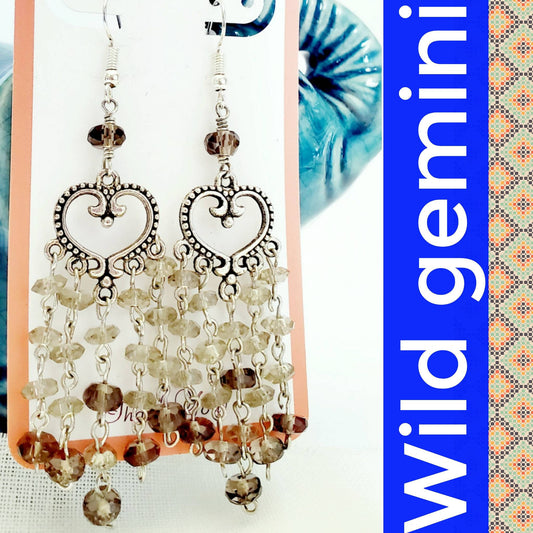 Boho Smokey Glass Chandelier Earrings – Handmade Silver Dangles with Heart Detail & Hook Ear Wires, 3” Long