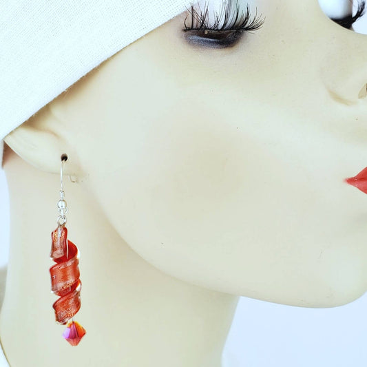 Sterling Silver Lampwork Earrings – Handmade Spiral Glass Dangles with Swarovski Bicone Crystals, 2.5” Long