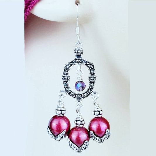 Sterling Silver Marcasite Earrings – Fuchsia Freshwater Pearl Dangles with Purple Crystals & All .925 Silver, 2.25” Long