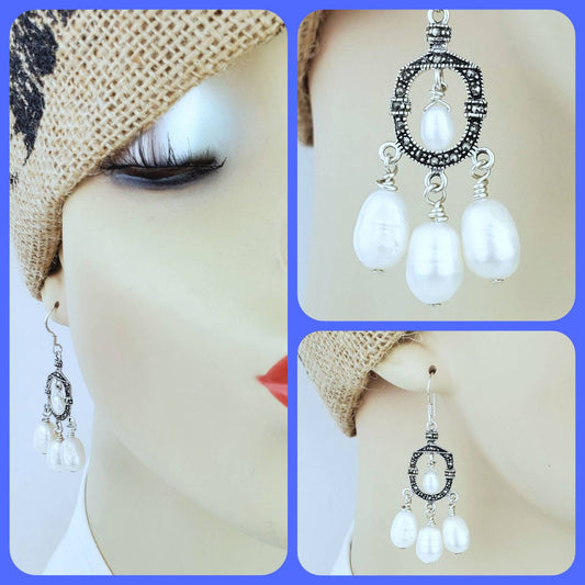 Sterling Silver Pearl Earrings – Handmade Marcasite Dangles with White Freshwater Pearls, 2” Long