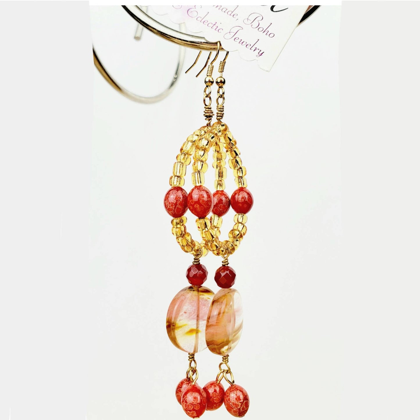 Boho Jasper & Carnelian Earrings – Handmade Golden Dangles with Seed Beads, Glass Discs & Wire Wrap, 3.5” Long