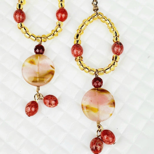 Boho Jasper & Carnelian Earrings – Handmade Golden Dangles with Seed Beads, Glass Discs & Wire Wrap, 3.5” Long