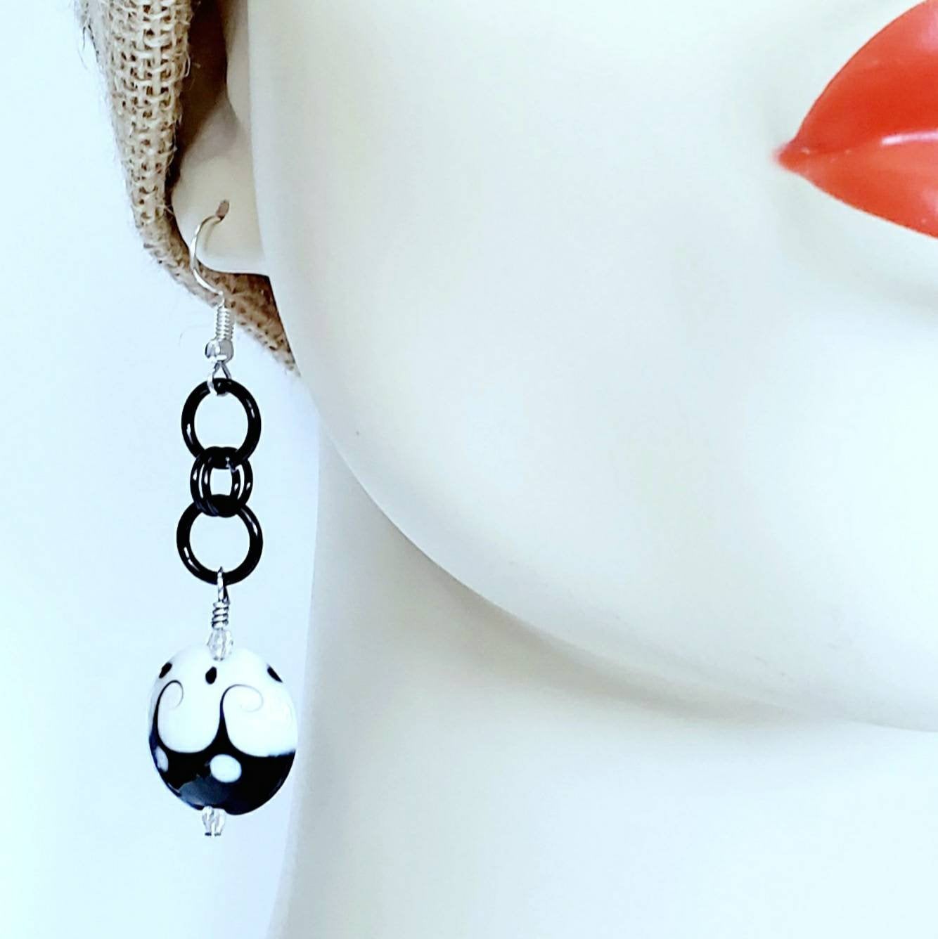Boho Ceramic Drop Earrings – Handmade Black & White 20mm Beads with Silver Rings & Hooks, 2” Long