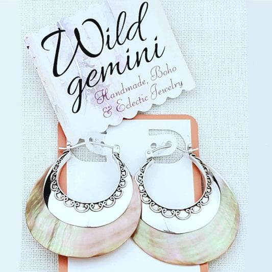 Sterling Silver Mother of Pearl Earrings – Handmade Shell Dangle Earrings, 2” Long x 1.5” Wide