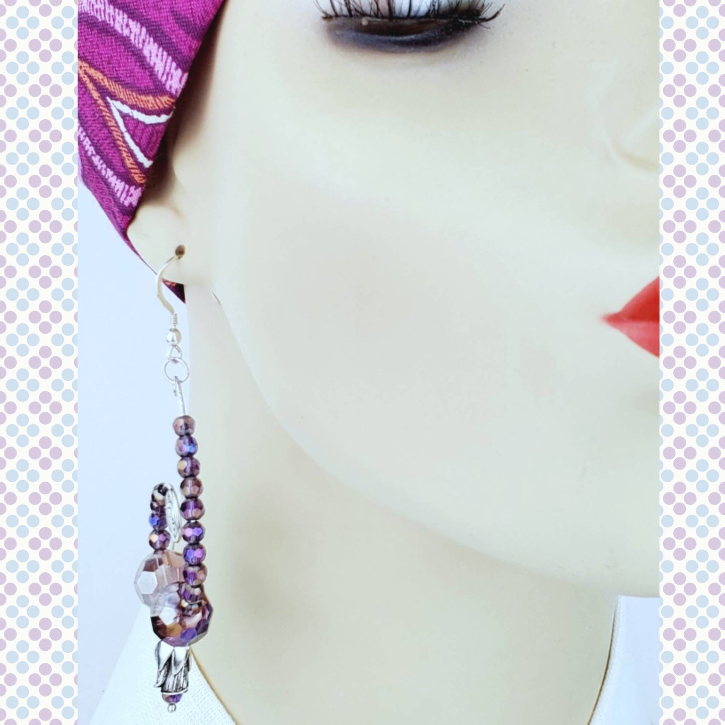 Sterling Silver Purple Glass Earrings – Handmade Faceted Bead Dangles, 3” Long x 1.5” Wide