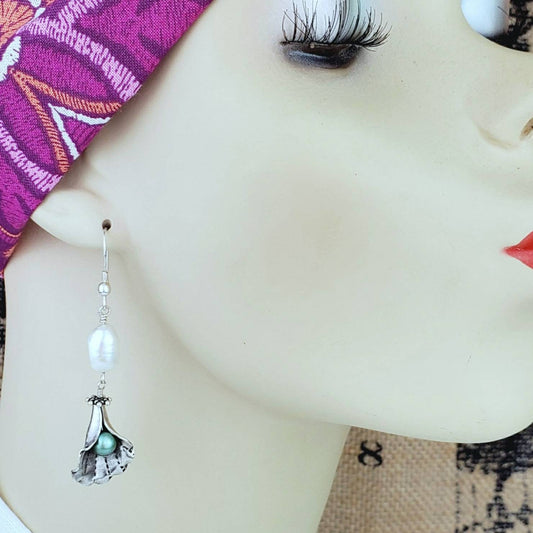 Sterling Silver Pearl Flower Earrings – Handmade Petal Dangles with White & Green Freshwater Pearls, 2” Long