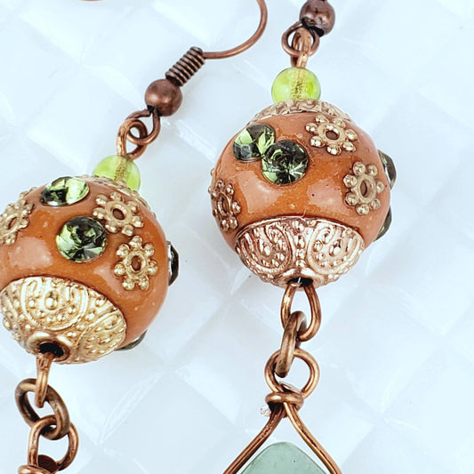 Boho Aventurine Teardrop Earrings – Handmade Copper Dangles with Faceted Stones & 10mm Beads, 3” Long