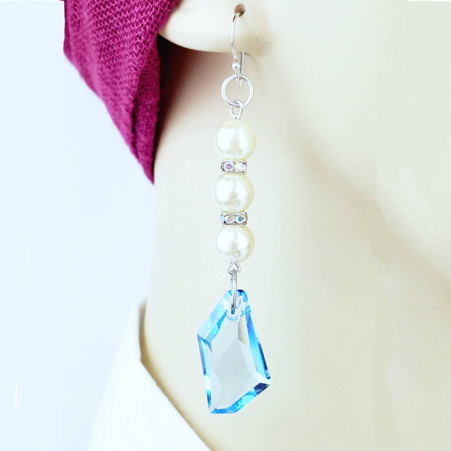 Sterling Silver Pearl & Crystal Earrings – Handmade Dangles with Blue Nuggets & Rhinestone Rondelles, 3” Long