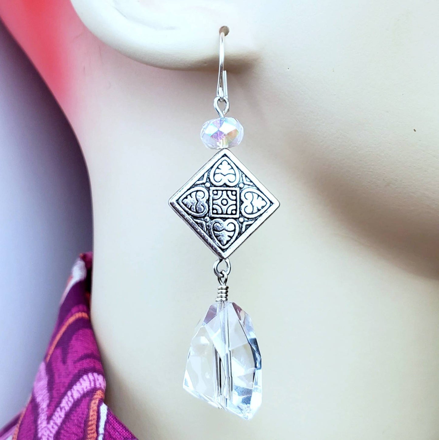 Boho Clear Glass Earrings – Handmade Silver Dangles with Glass Nuggets & Diamond Beads, 2.75” Long