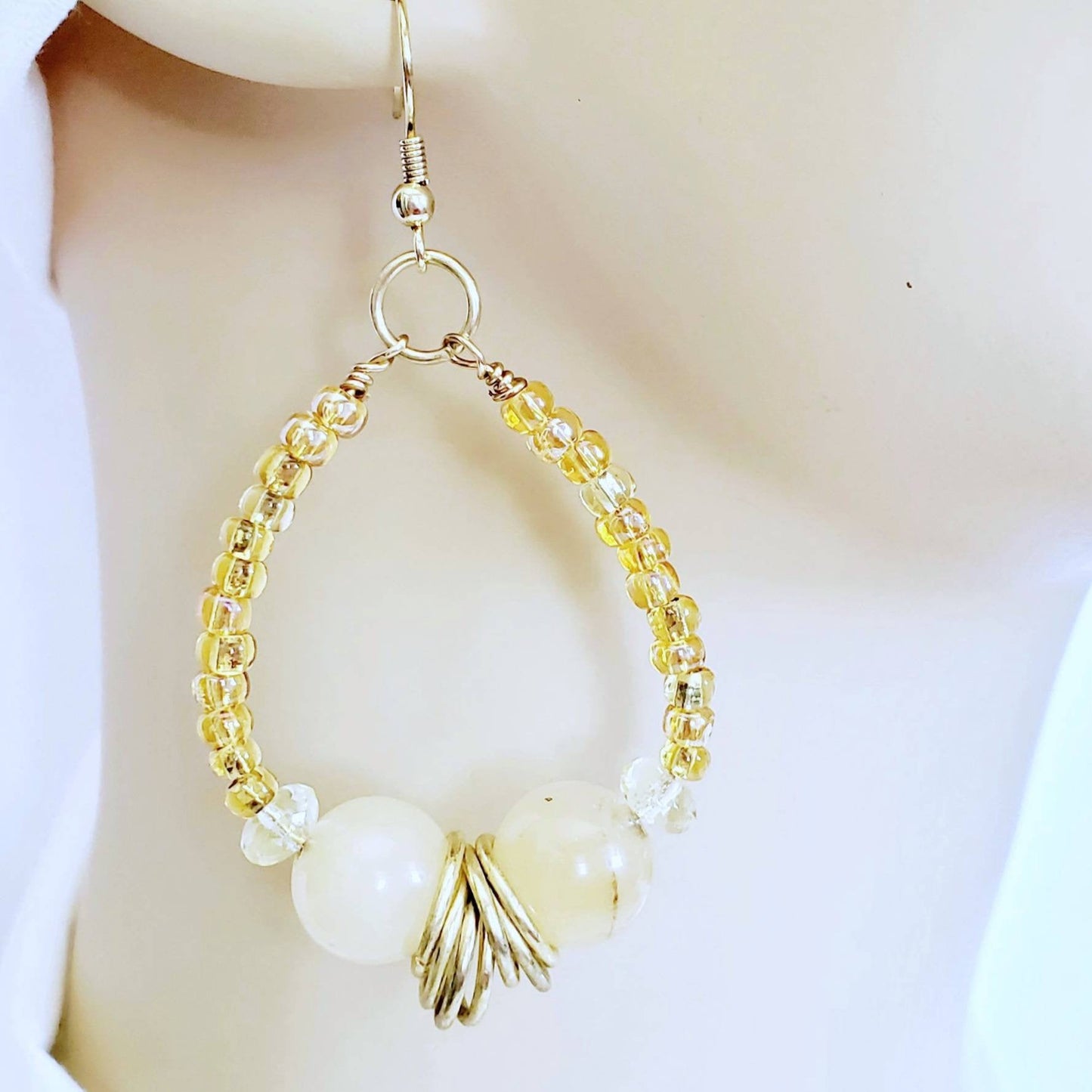 Boho Citrine Hoop Earrings – Handmade Yellow Stone Dangles with Seed Beads, Gold Hooks & Jump Rings, 2.5” Long