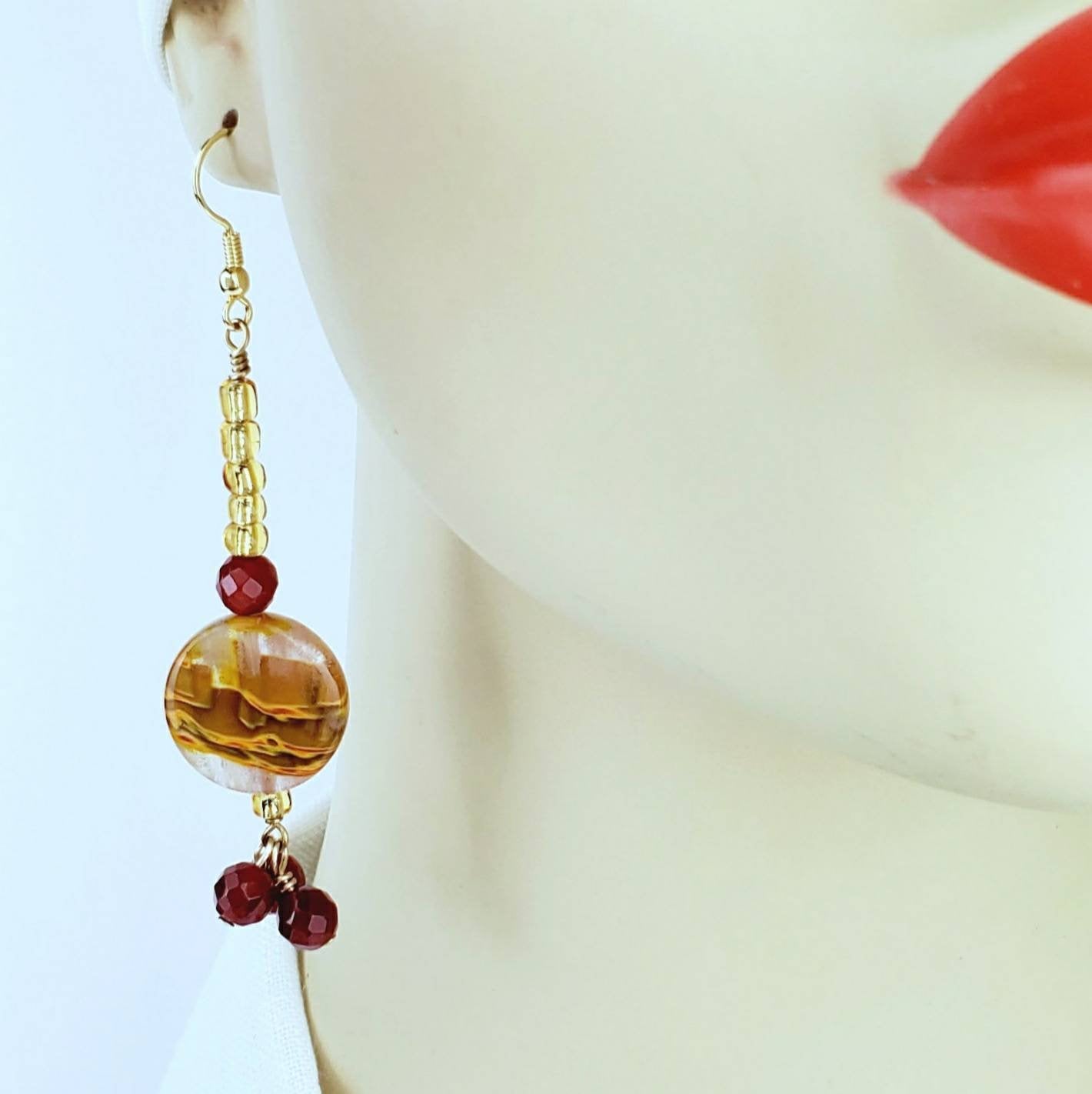 Boho Ruby & Jasper Earrings – Handmade Gold Dangles with Glass Disc Beads & Seed Beads, 3.25” Long