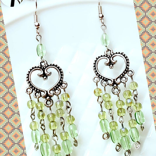 Boho Green Heart Chandelier Earrings – Handmade Silver Dangles with Green Beads & Silver Wire, 3” Long