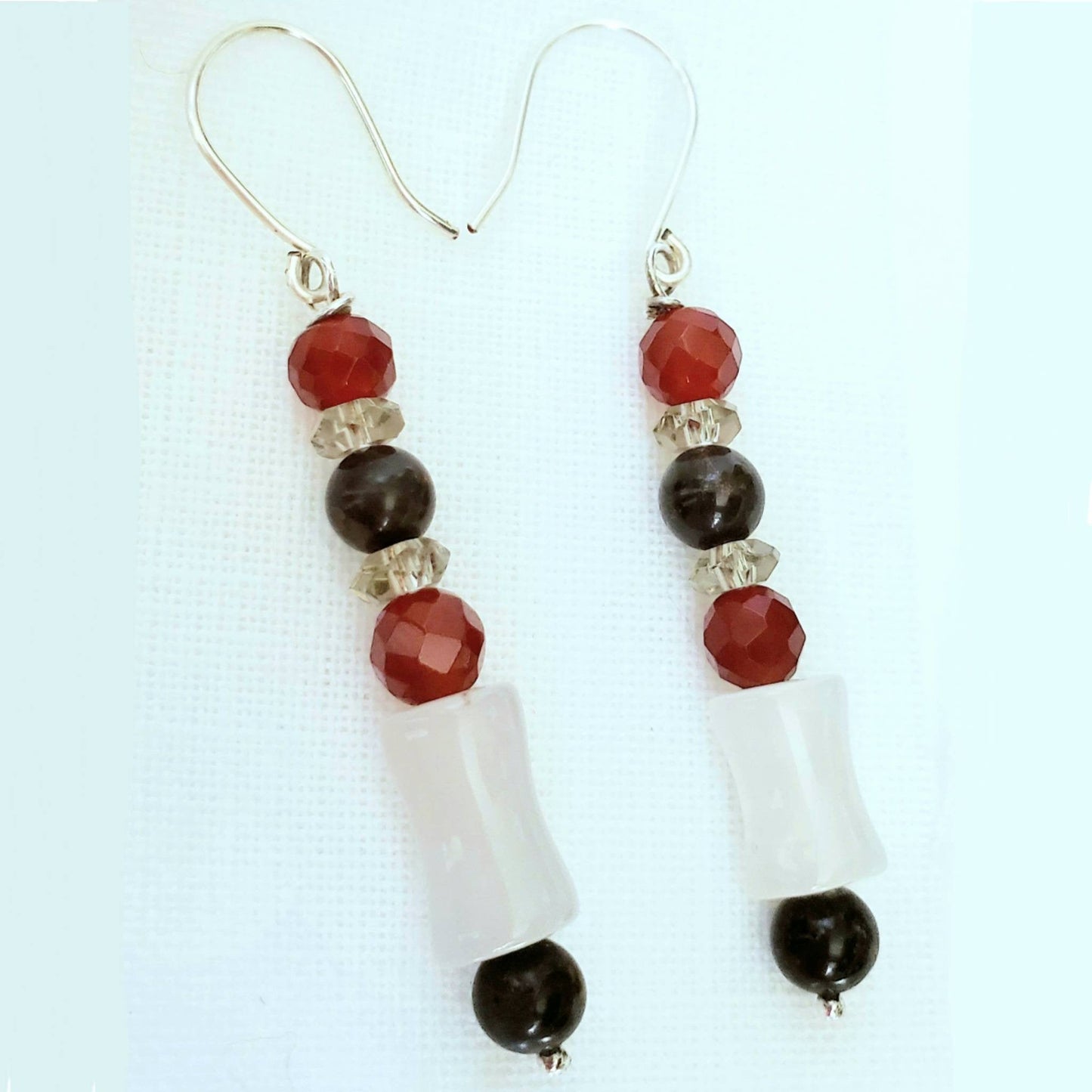 Sterling Silver Gemstone Earrings – Handmade Dangles with Opal Moonstone, Carnelian & Crazy Horse Jasper, 2.25” Long