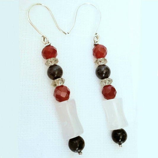 Sterling Silver Gemstone Earrings – Handmade Dangles with Opal Moonstone, Carnelian & Crazy Horse Jasper, 2.25” Long