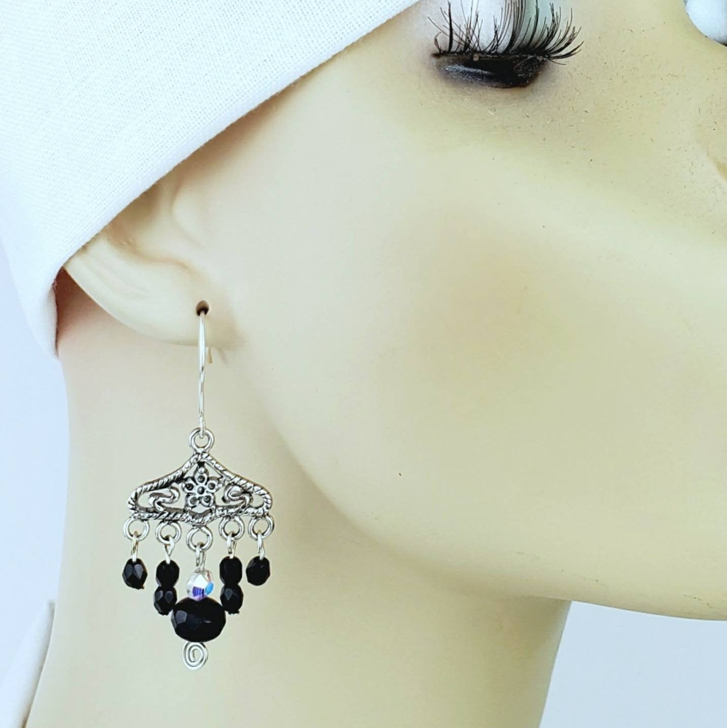 Boho Onyx Chandelier Earrings – Handmade Silver Dangles with Black Glass Beads & Semi-Precious Stones, 2.25” Long