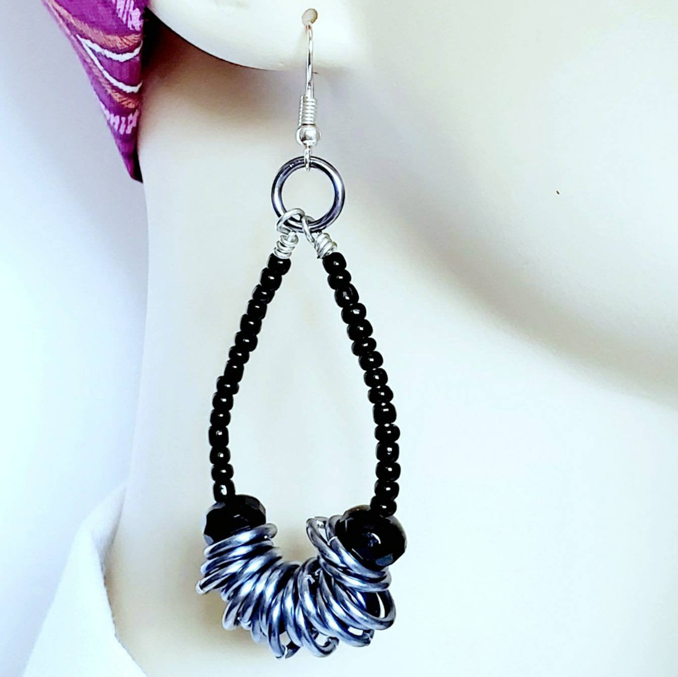 Boho Onyx Dangle Earrings – Handmade Black Seed Bead Jewelry with Gunmetal & Silver Wire, 3” Long Statement Earrings