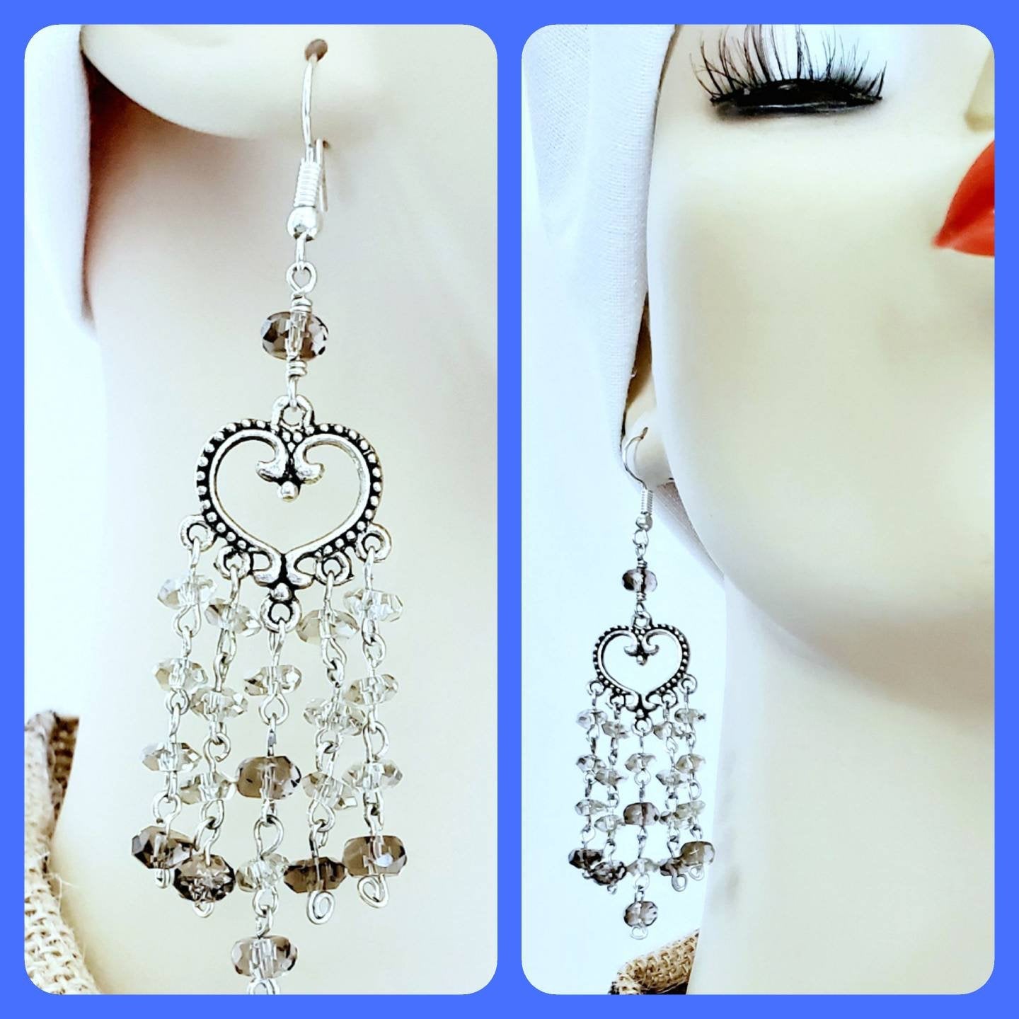 Boho Smokey Glass Chandelier Earrings – Handmade Silver Dangles with Heart Detail & Hook Ear Wires, 3” Long