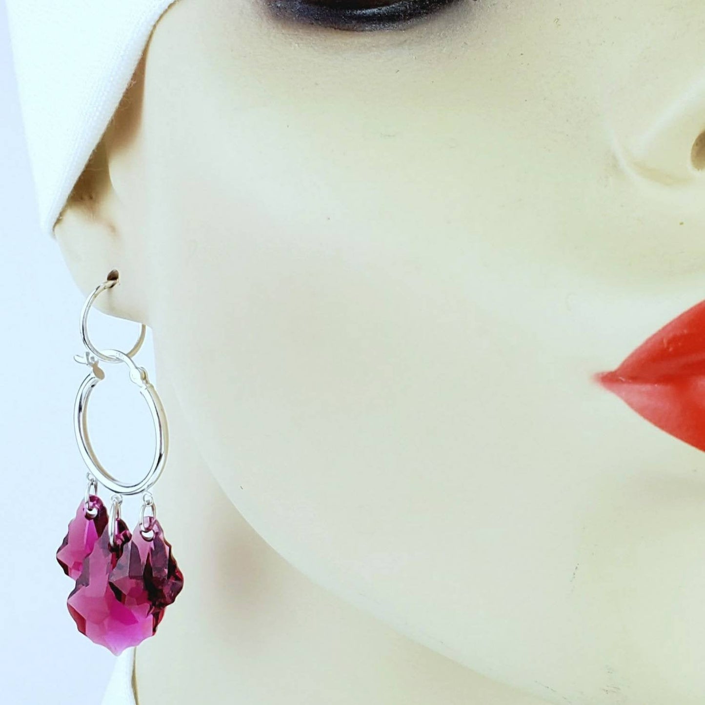 Sterling Silver Hoop Earrings – Handmade Ruby Red Swarovski Chandelier Crystals on 20mm Hoops, 2” Long