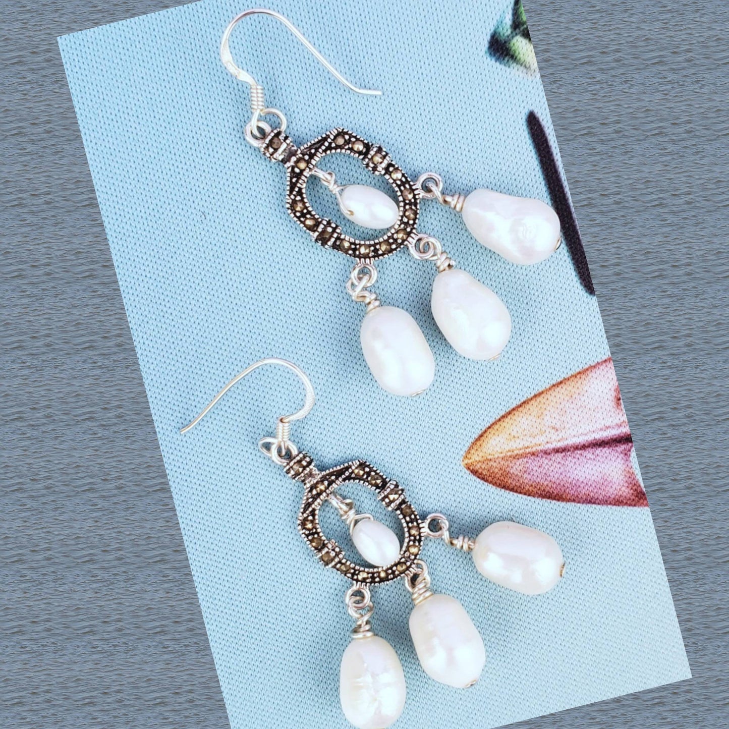 Sterling Silver Pearl Earrings – Handmade Marcasite Dangles with White Freshwater Pearls, 2” Long
