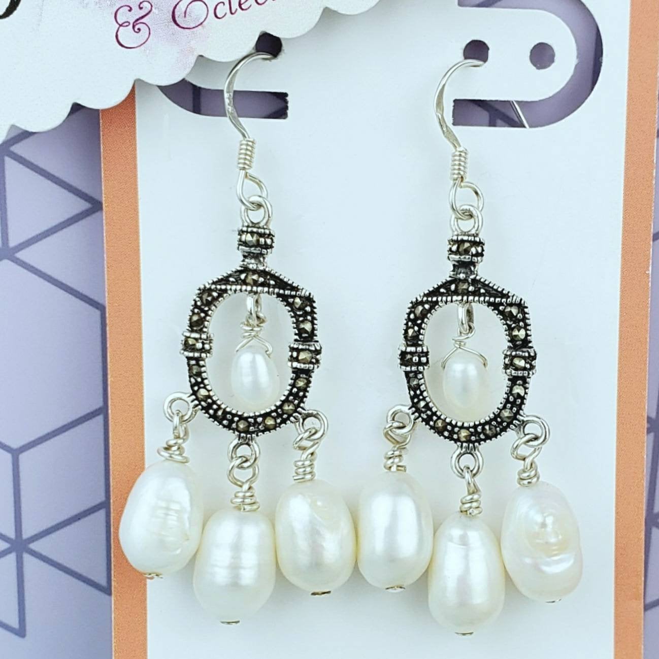 Sterling Silver Pearl Earrings – Handmade Marcasite Dangles with White Freshwater Pearls, 2” Long