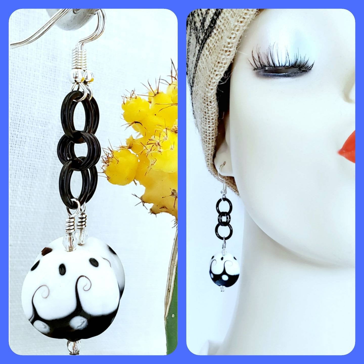 Boho Ceramic Drop Earrings – Handmade Black & White 20mm Beads with Silver Rings & Hooks, 2” Long