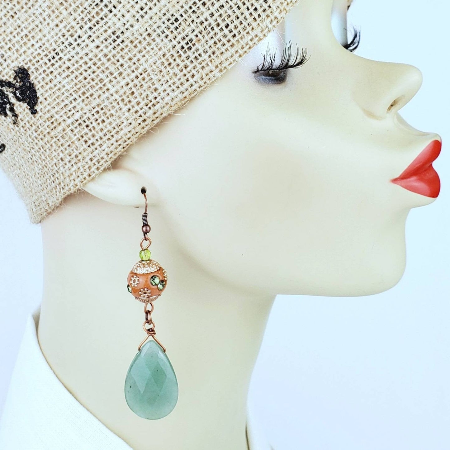 Boho Aventurine Teardrop Earrings – Handmade Copper Dangles with Faceted Stones & 10mm Beads, 3” Long