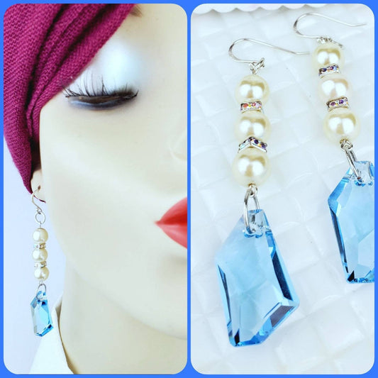 Sterling Silver Pearl & Crystal Earrings – Handmade Dangles with Blue Nuggets & Rhinestone Rondelles, 3” Long