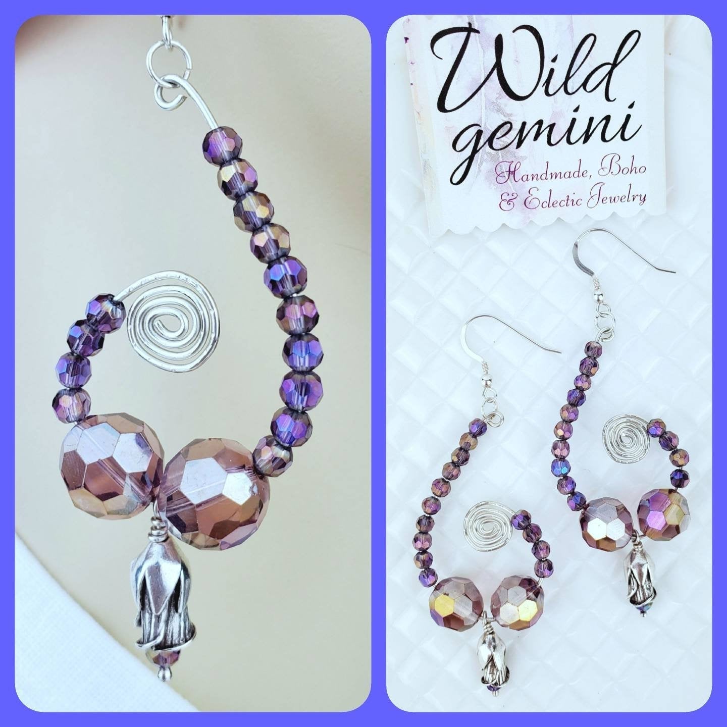Sterling Silver Purple Glass Earrings – Handmade Faceted Bead Dangles, 3” Long x 1.5” Wide