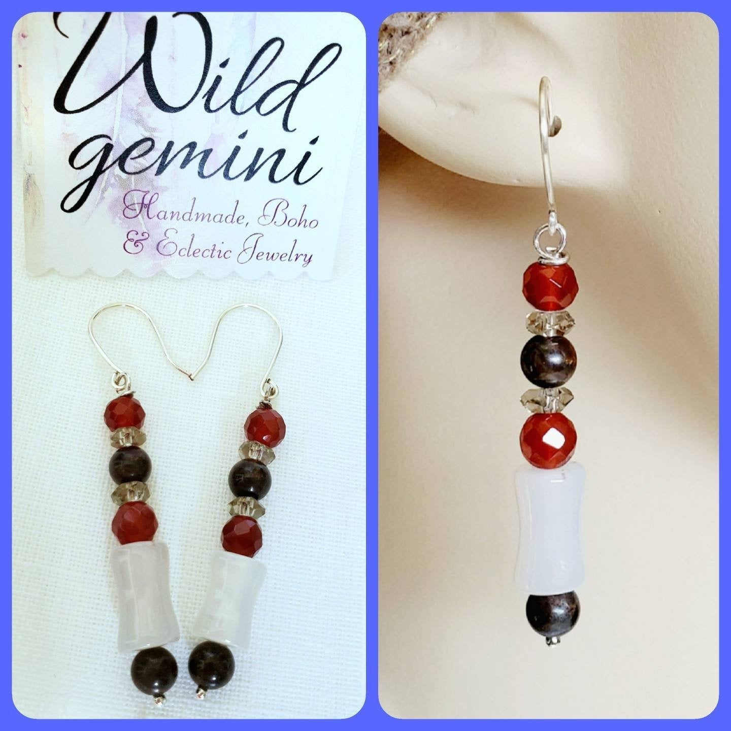 Sterling Silver Gemstone Earrings – Handmade Dangles with Opal Moonstone, Carnelian & Crazy Horse Jasper, 2.25” Long