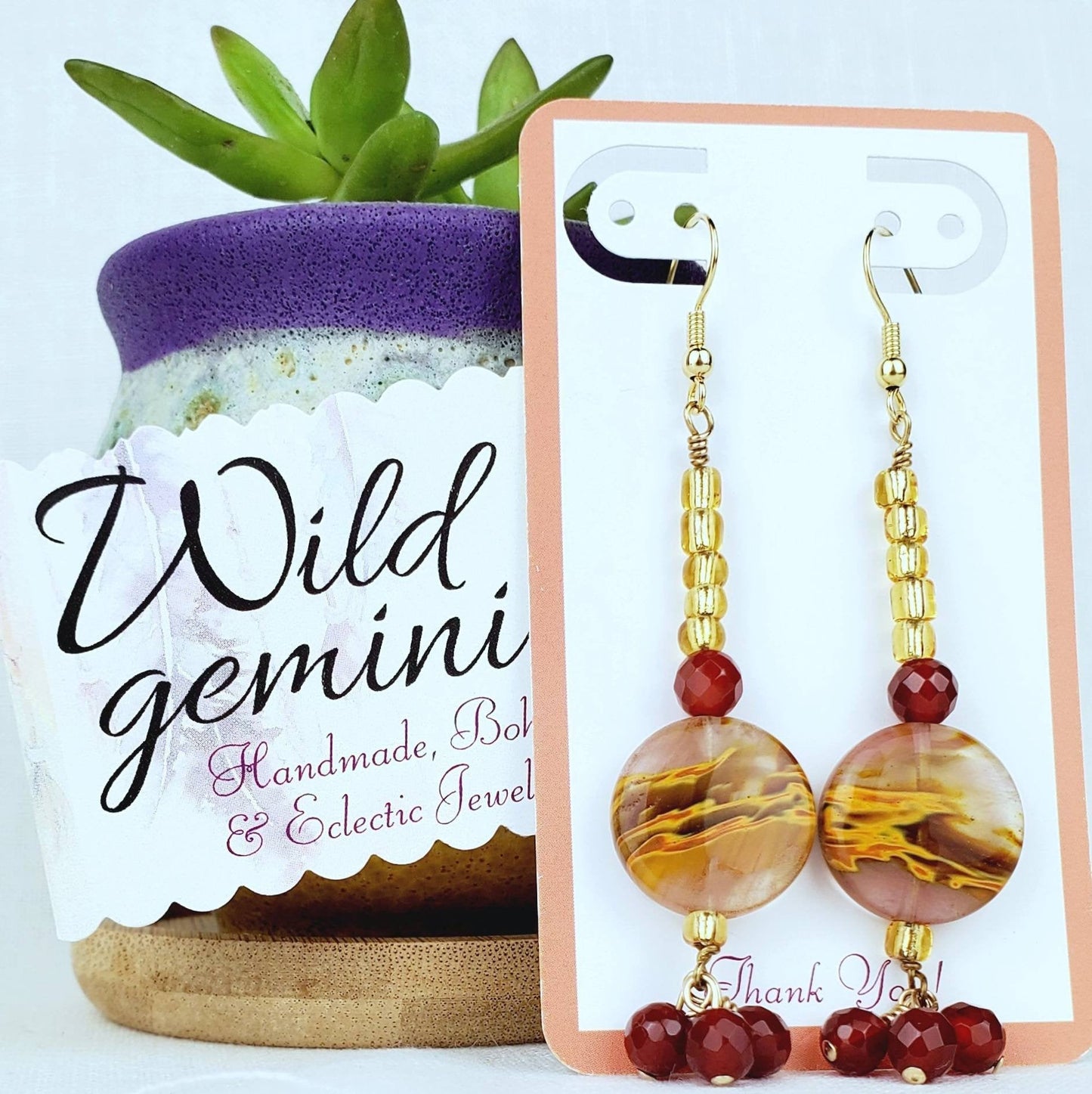 Boho Ruby & Jasper Earrings – Handmade Gold Dangles with Glass Disc Beads & Seed Beads, 3.25” Long