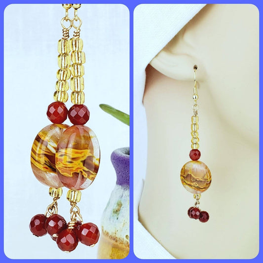 Boho Ruby & Jasper Earrings – Handmade Gold Dangles with Glass Disc Beads & Seed Beads, 3.25” Long