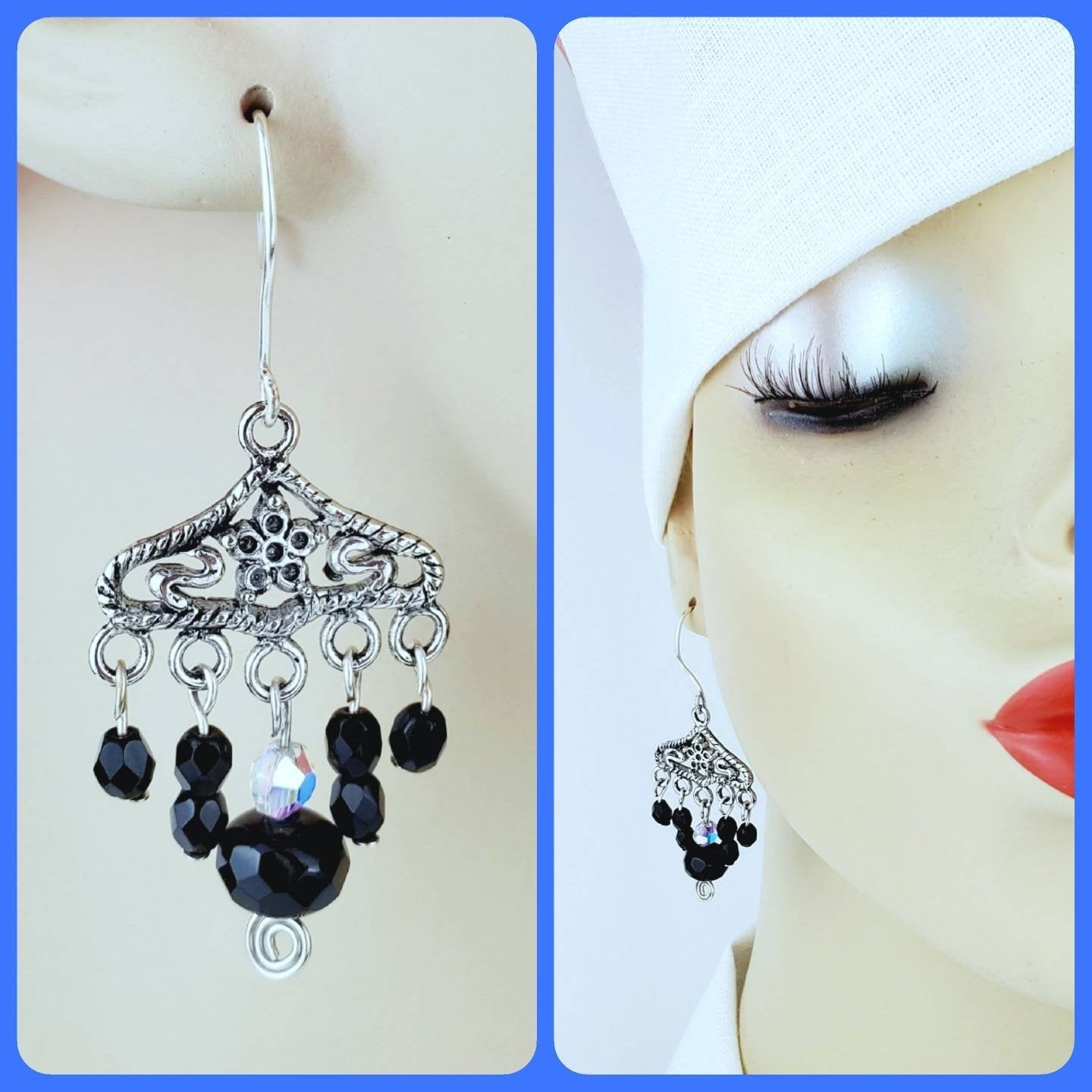 Boho Onyx Chandelier Earrings – Handmade Silver Dangles with Black Glass Beads & Semi-Precious Stones, 2.25” Long